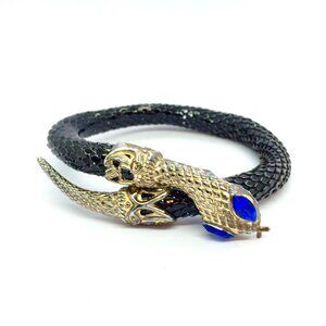 VINTAGE SNAKE MESH Wrap Bracelet Blue Glass Eyes Gold Tone Serpent Cuff